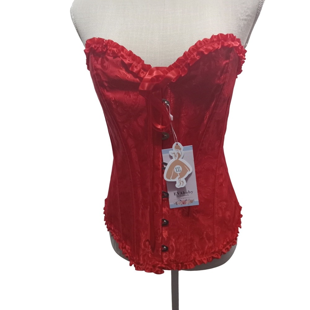 EVAbaby Red Jacquard Lace Up Corset Top Ruffle Trim Brocade Bustier XXL